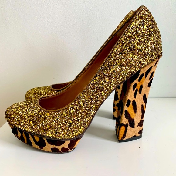GOLD ANIMAL PRINT SHOES PUMPS PLATFORM HEELS NINE WEST - Picture 2 of 6
